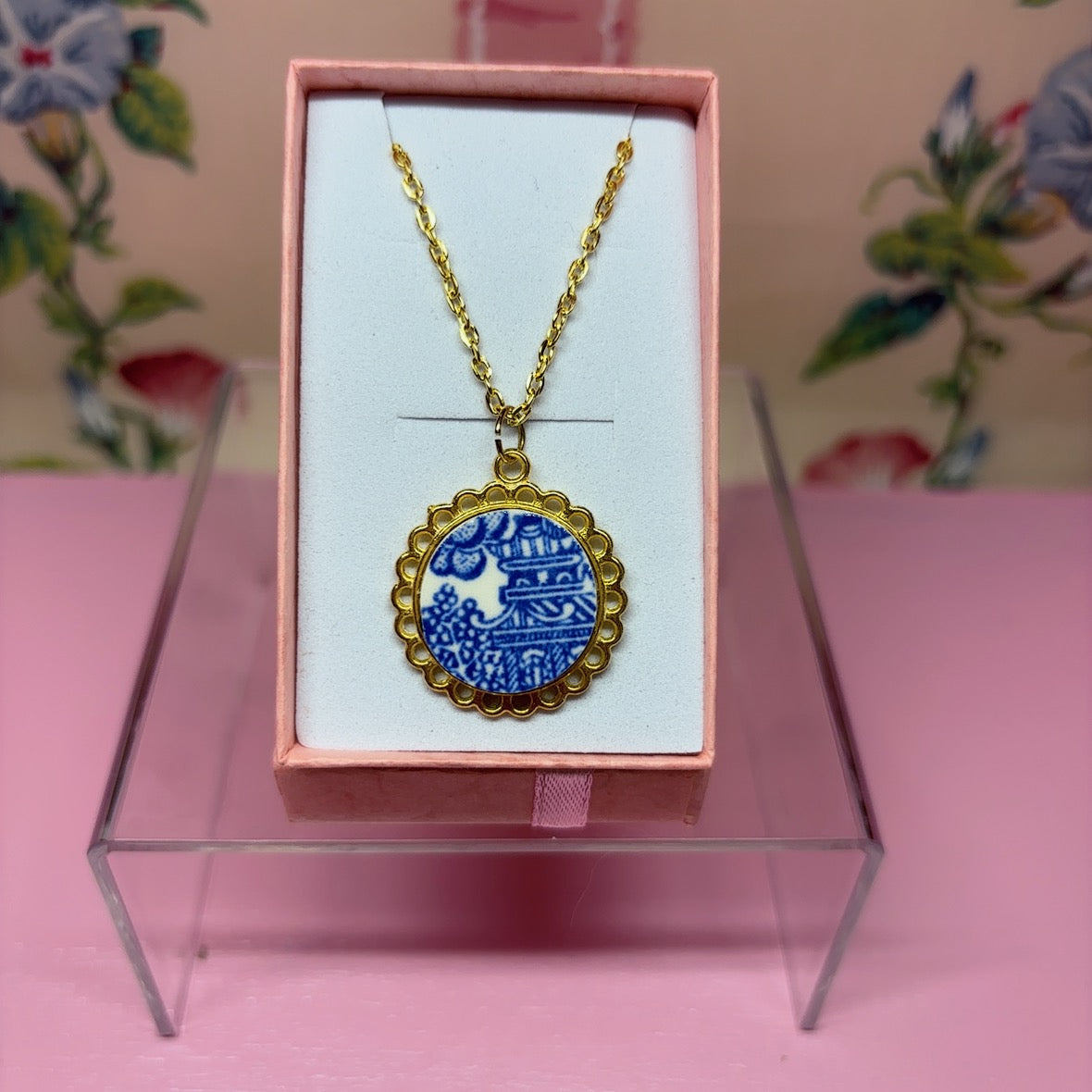Gilded Blue Willow Necklace