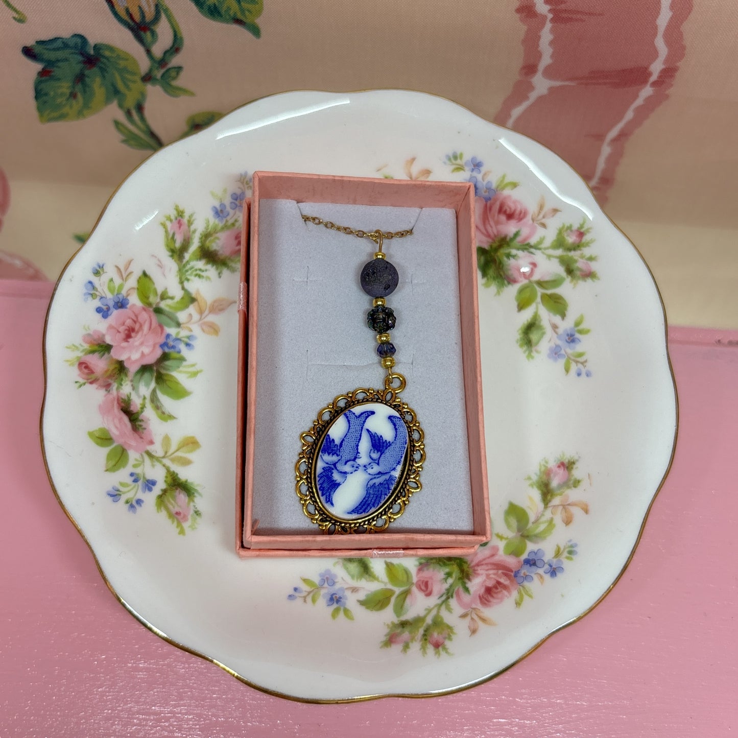 Gilded Blue Willow Necklace