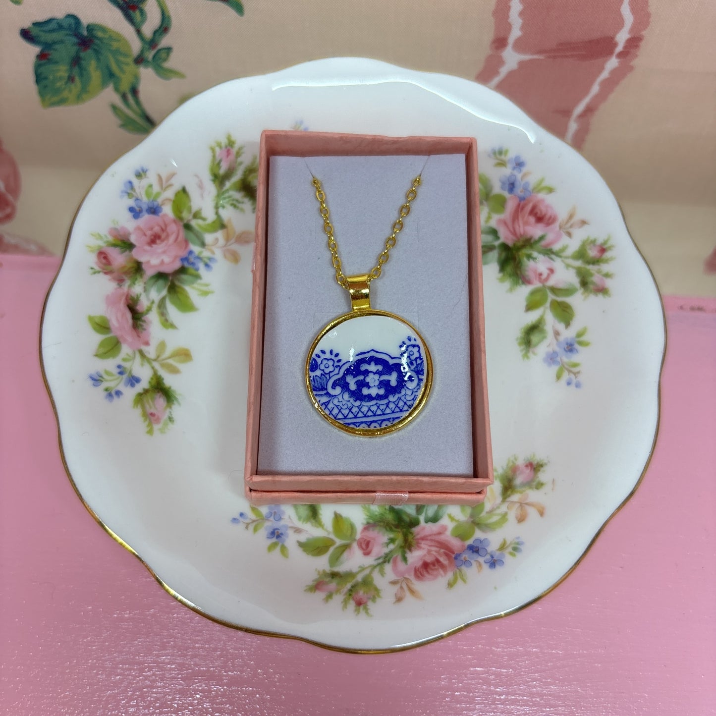 Gilded Blue Willow Necklace