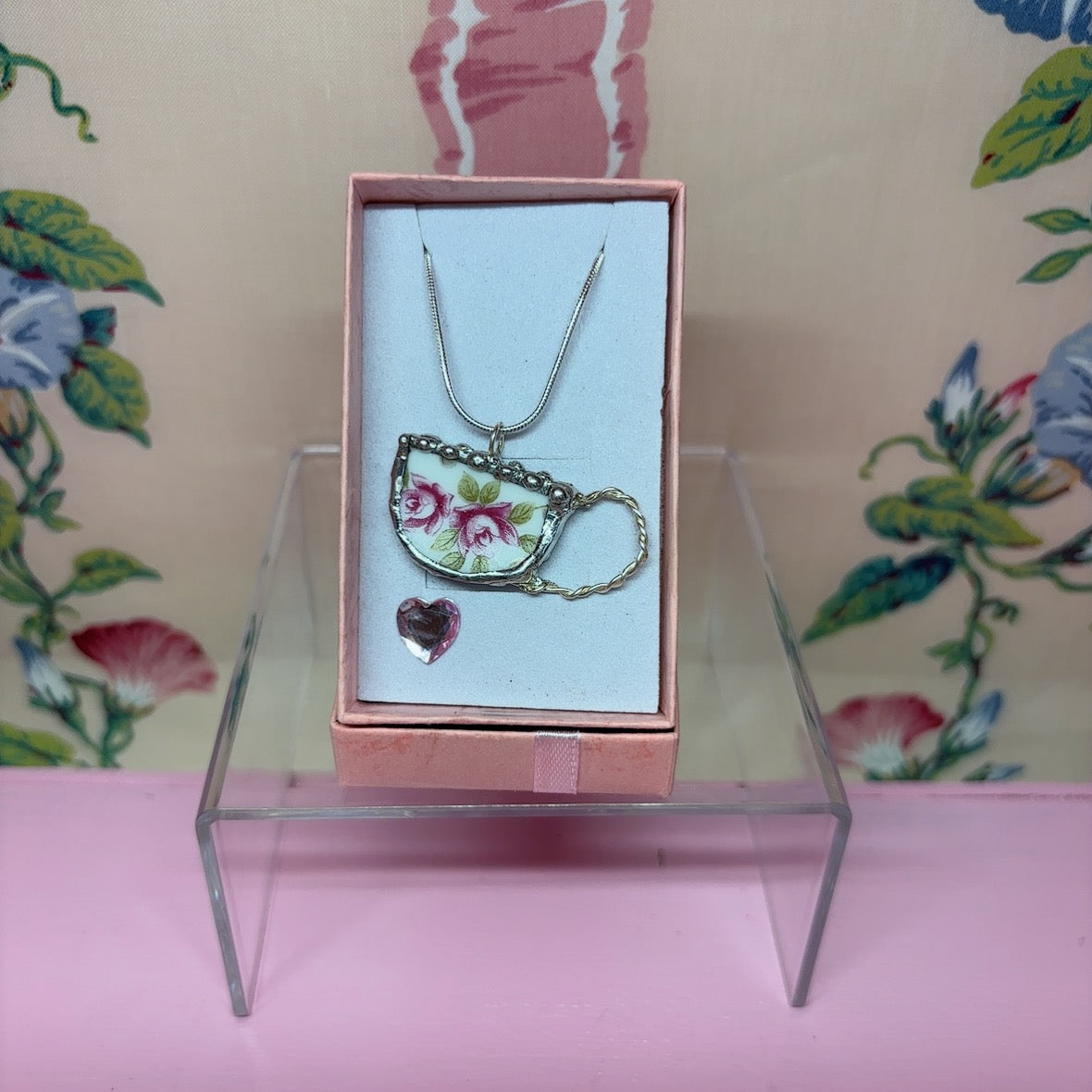 Vintage Rose Teacup Necklace