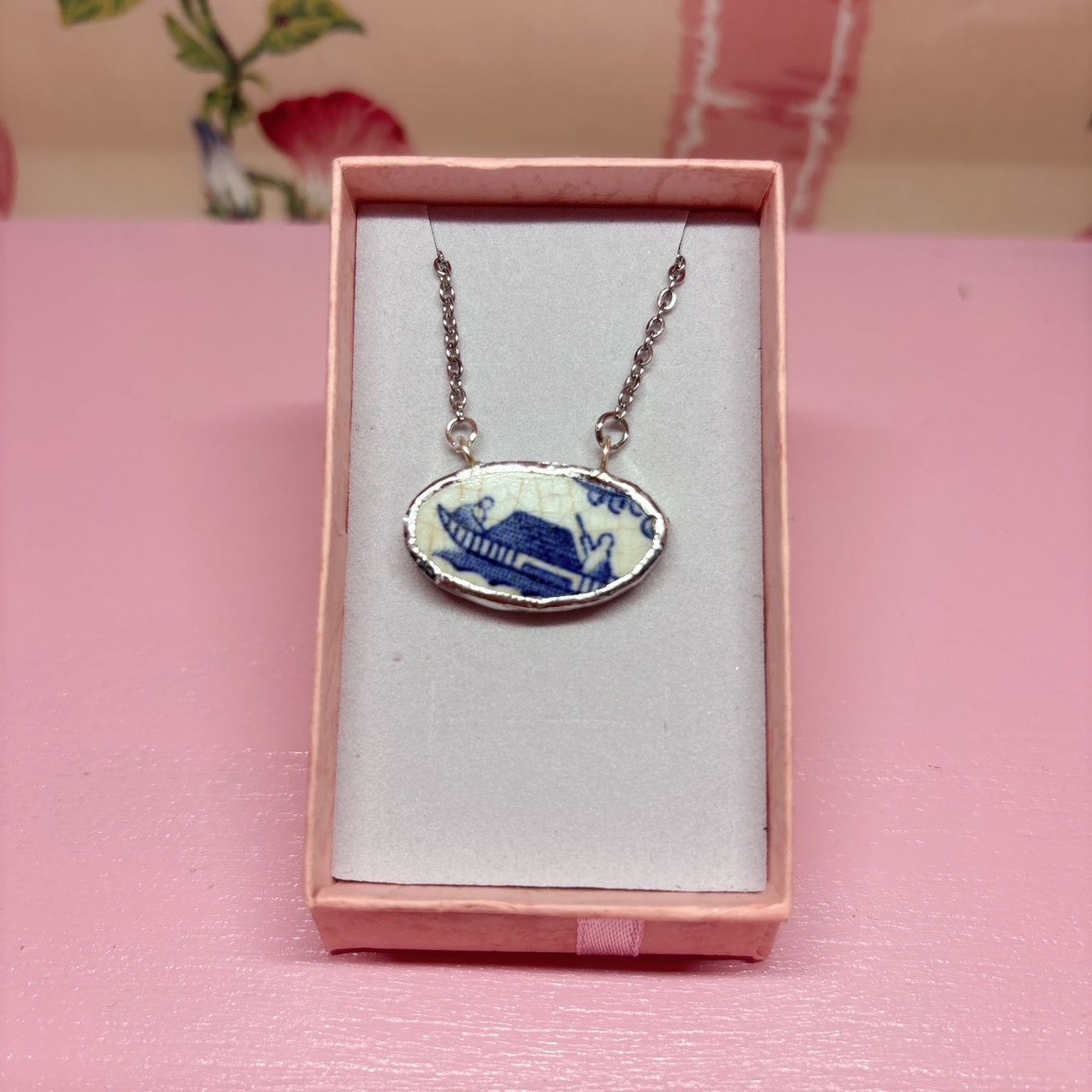Demure Oval Shaped Blue Willow Necklace