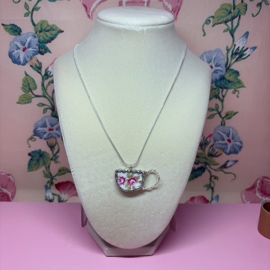 Vintage Rose Teacup Necklace