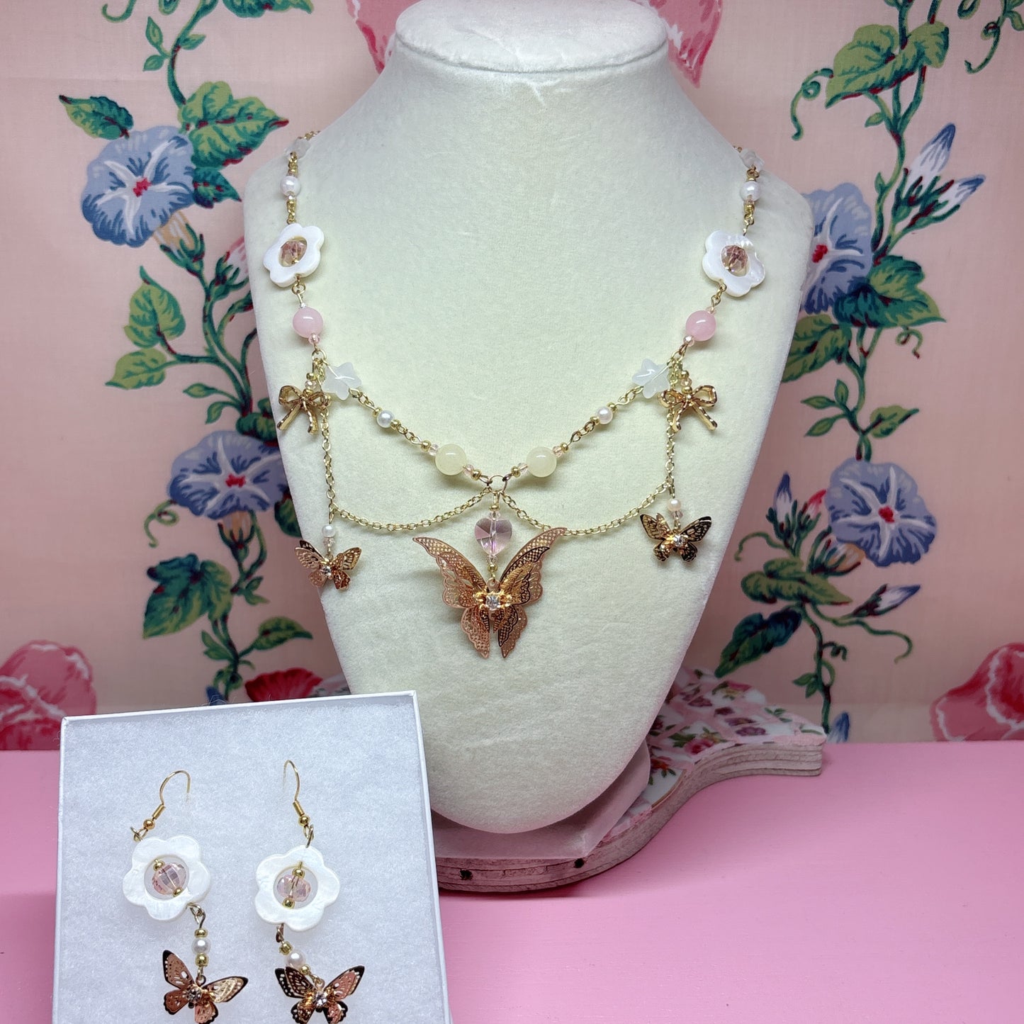 Butterfly Flower Charm Necklace with Earrings