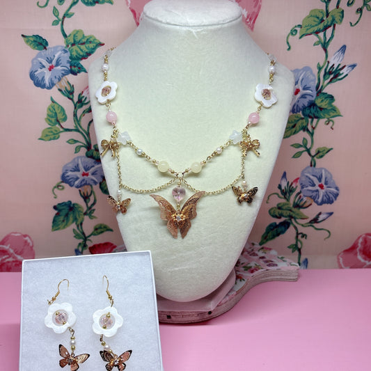 Butterfly Flower Charm Necklace with Earrings