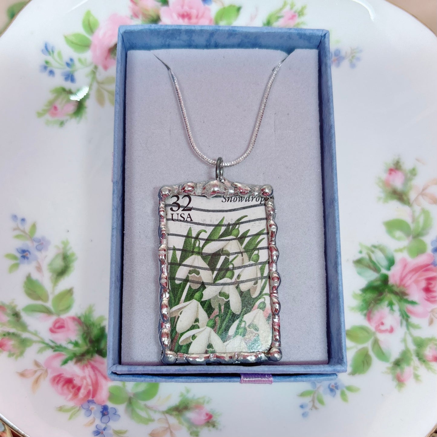 Vintage Stamp Snow Drop Necklace